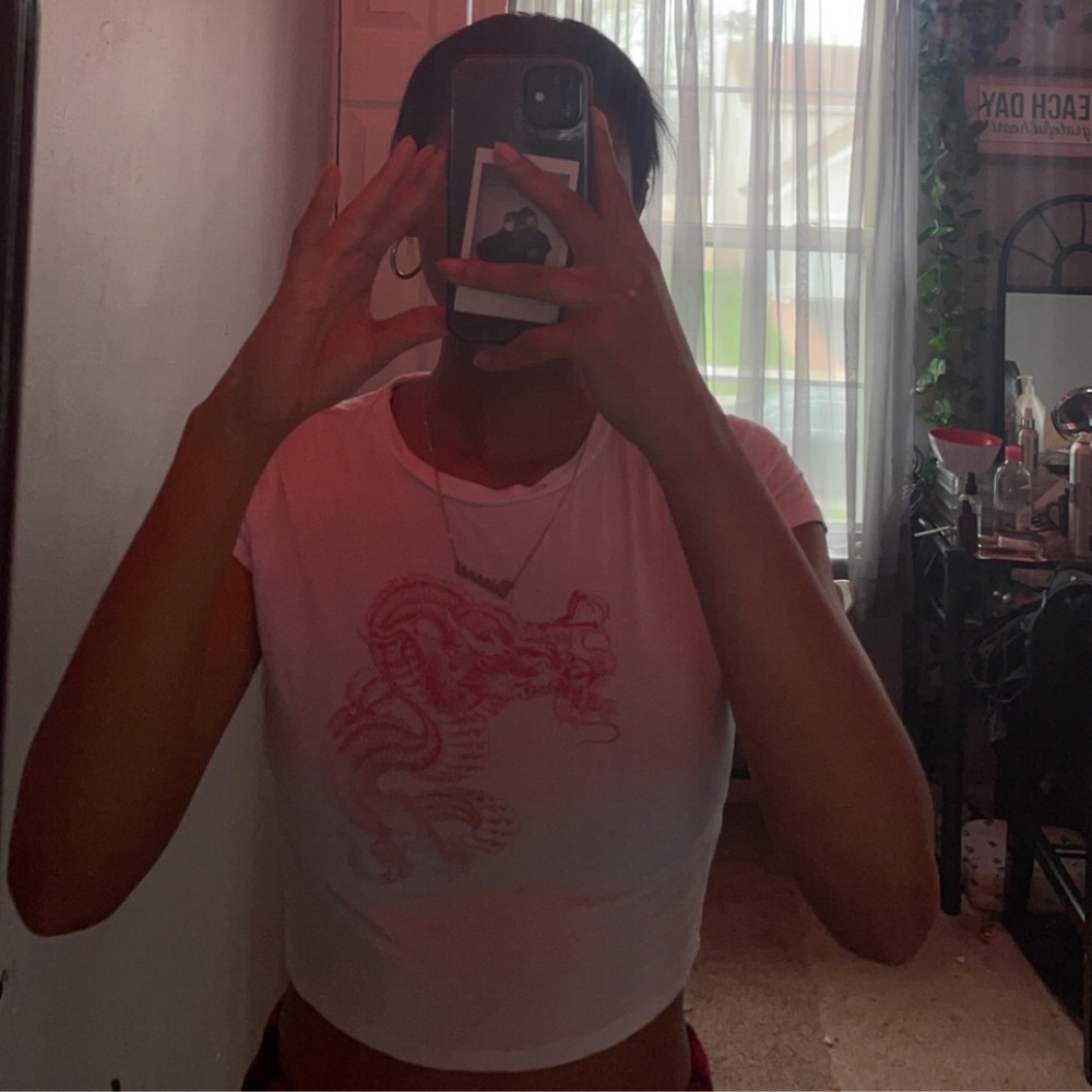 -white crop top with a dragon on it for $10